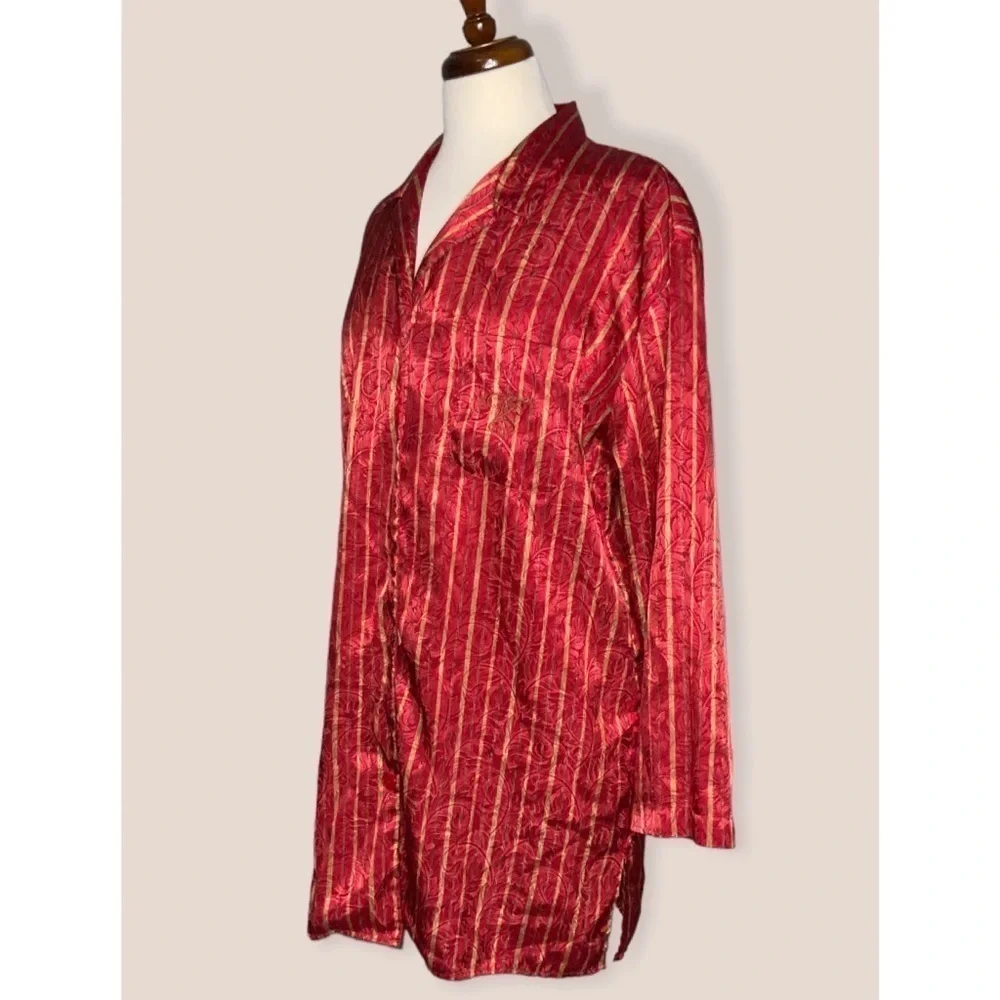 Victoria Secret Red & Gold Striped Satin Long Sleeve Button Down Sleep Shirt Med